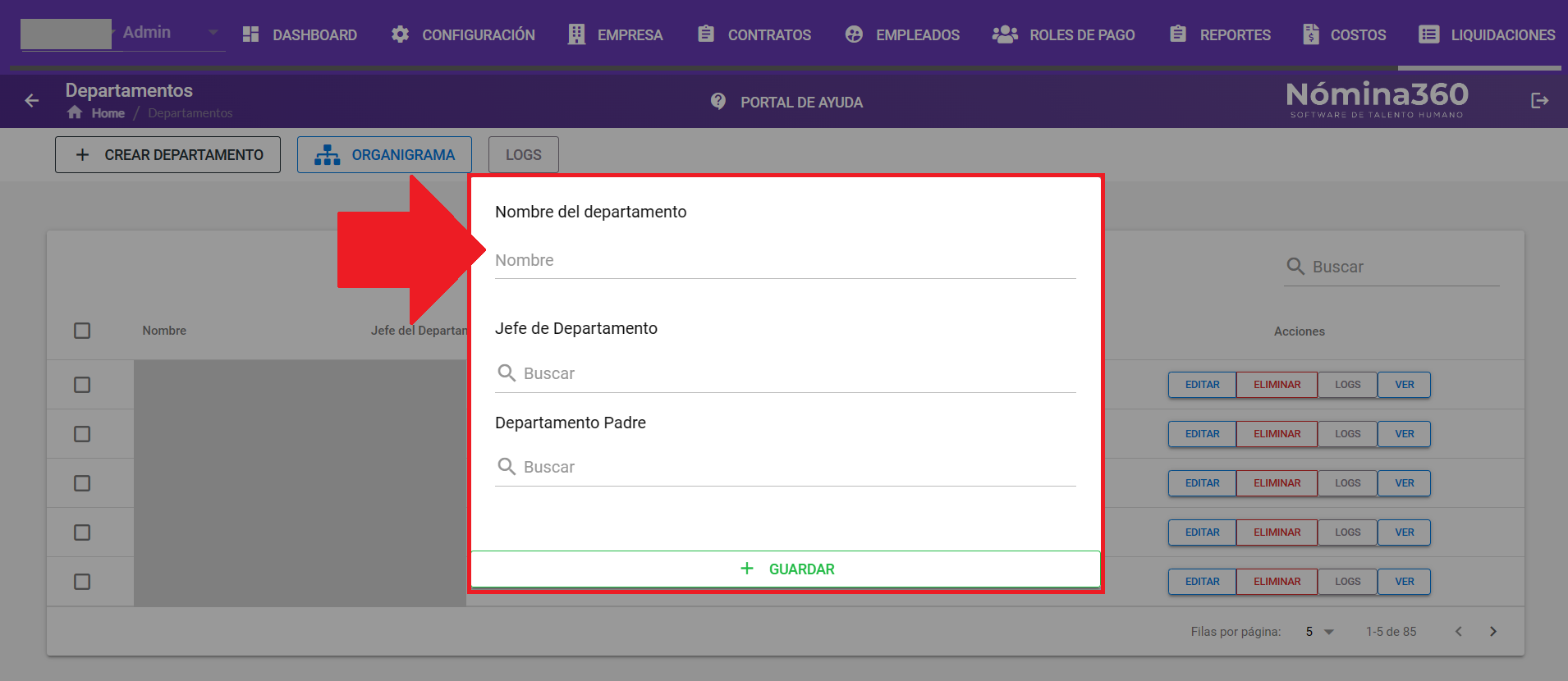 Formulario de creación de departamento con los campos disponibles