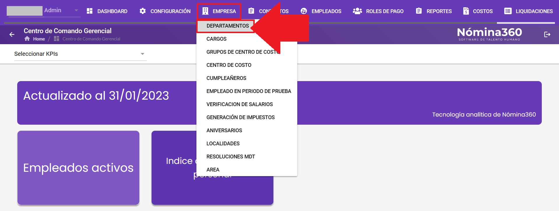 Menú Empresa con la opción Departamentos seleccionada