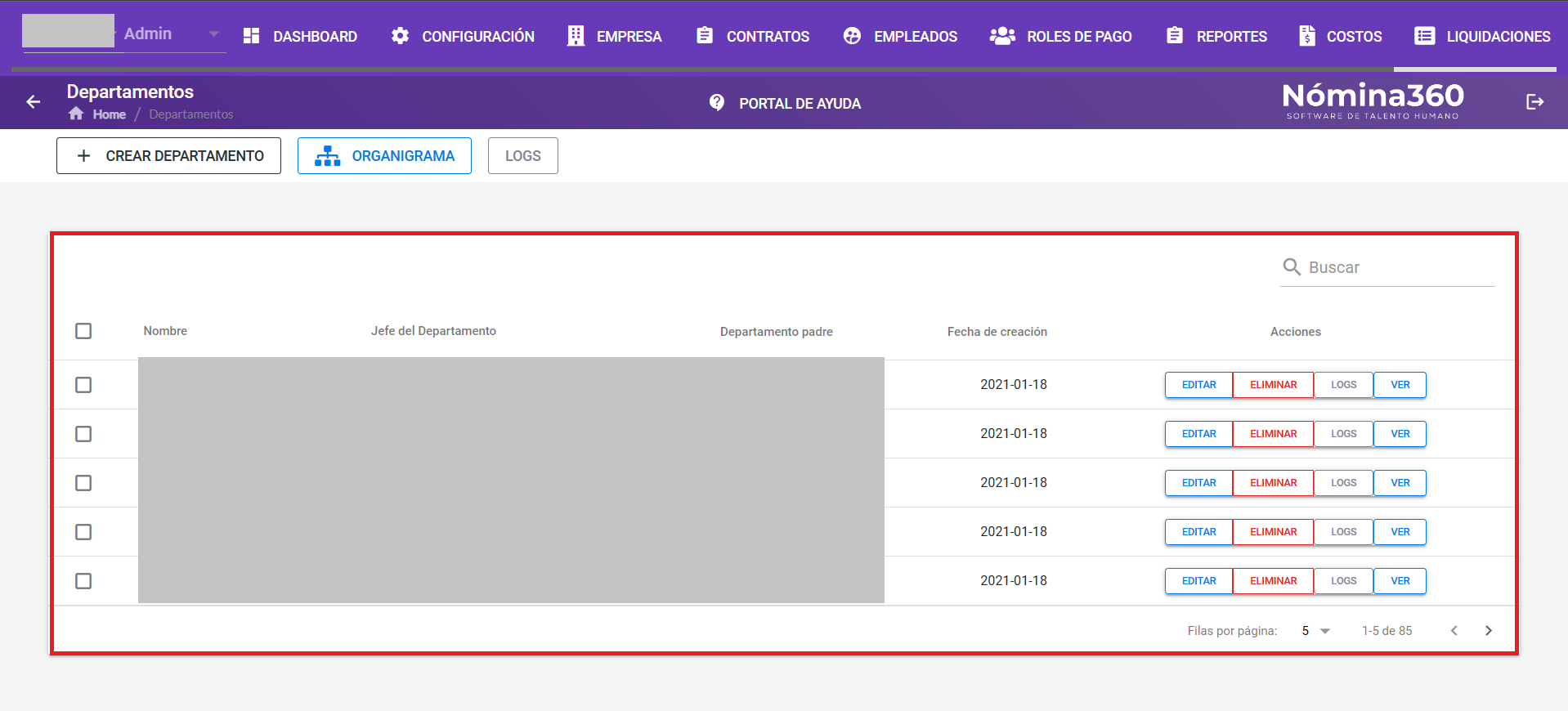 Listado de departamentos con la caja de búsqueda