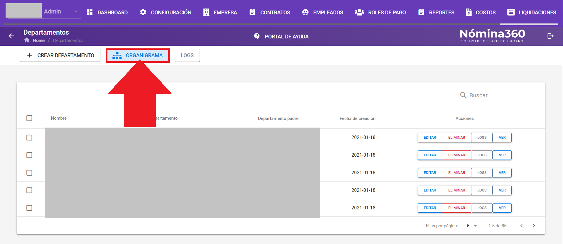 Botón Organigrama en la pantalla de departamentos