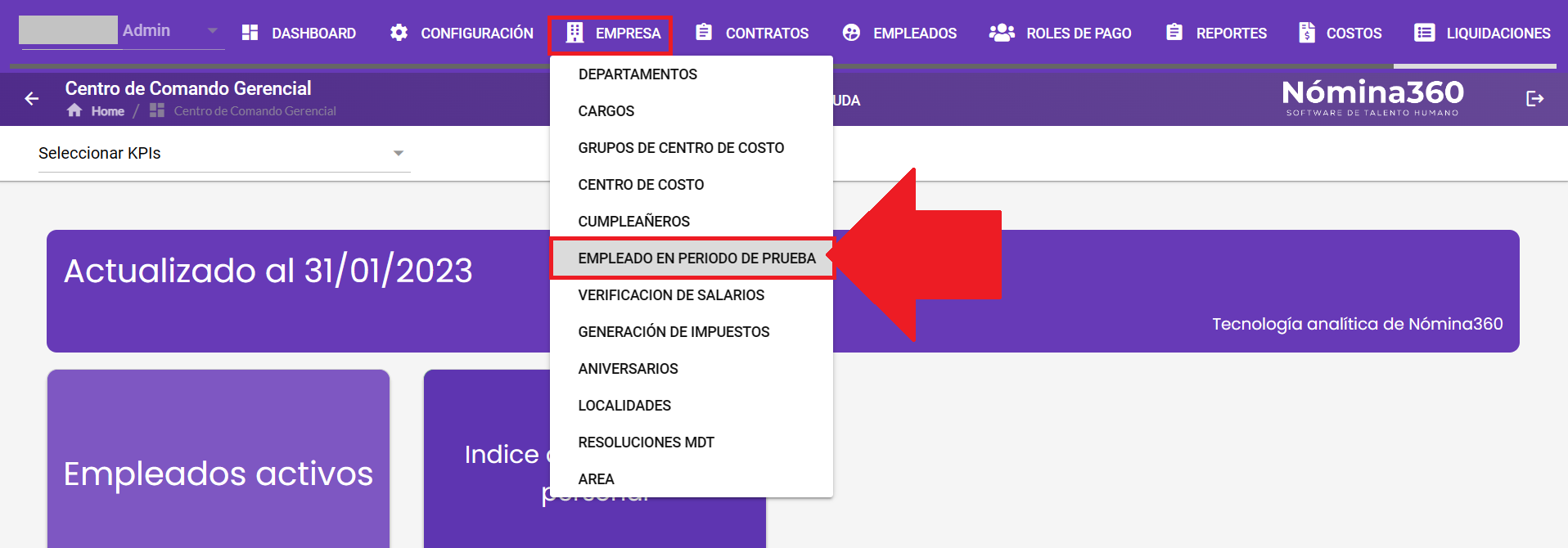 Menú Empresa con la opción Empleado en período de prueba seleccionada