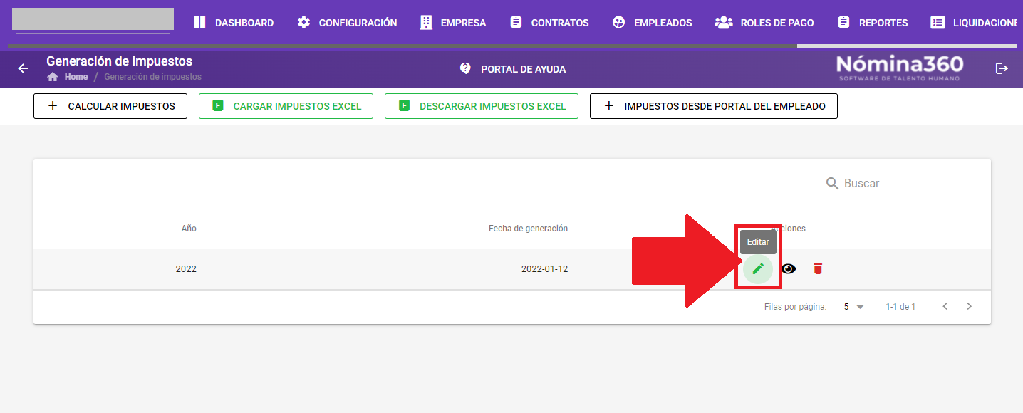 Botón con ícono de lápiz para editar los impuestos calculados