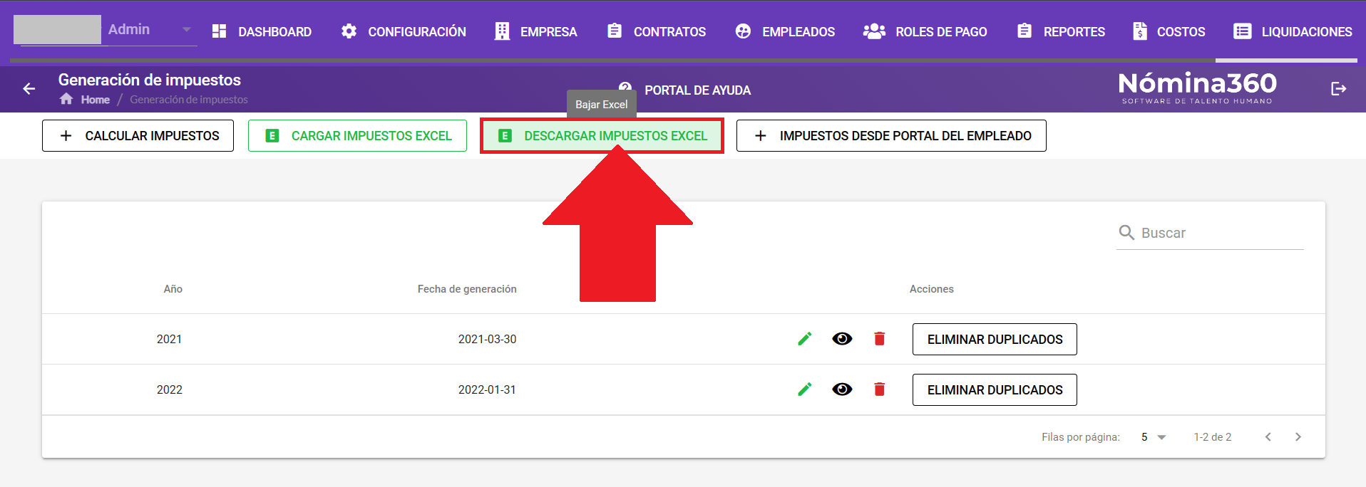 Botón Descargar Impuestos Excel en la pantalla de generación de impuestos