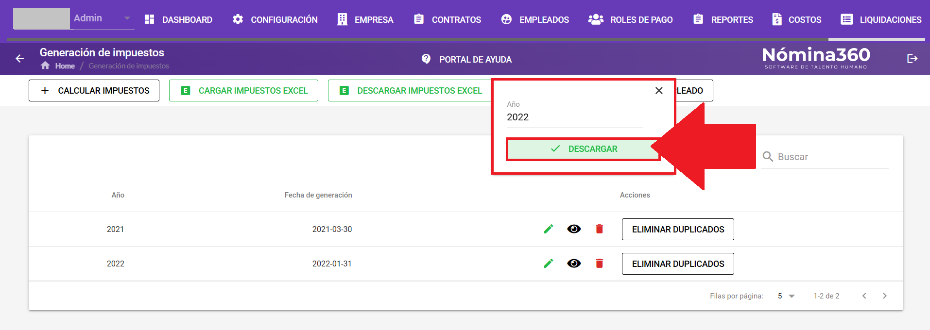 Cuadro para ingresar el año y el botón Descargar