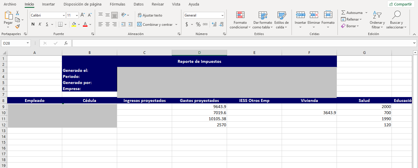 Archivo Excel descargado con los gastos del año seleccionado
