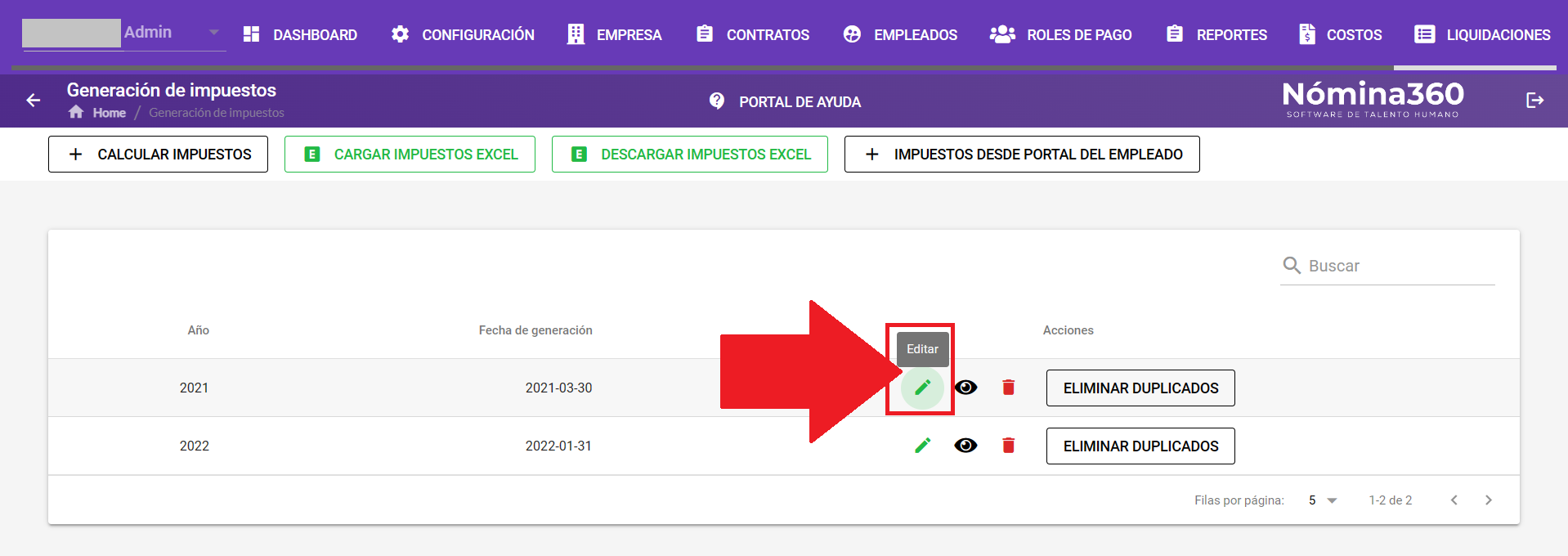 Botón con ícono de lápiz para editar el registro de impuestos