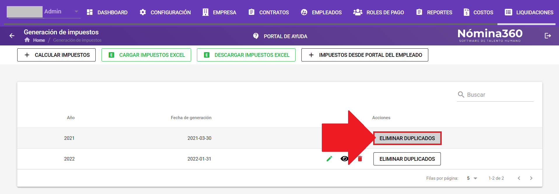 Botón Eliminar Duplicados en la pantalla de generación de impuestos