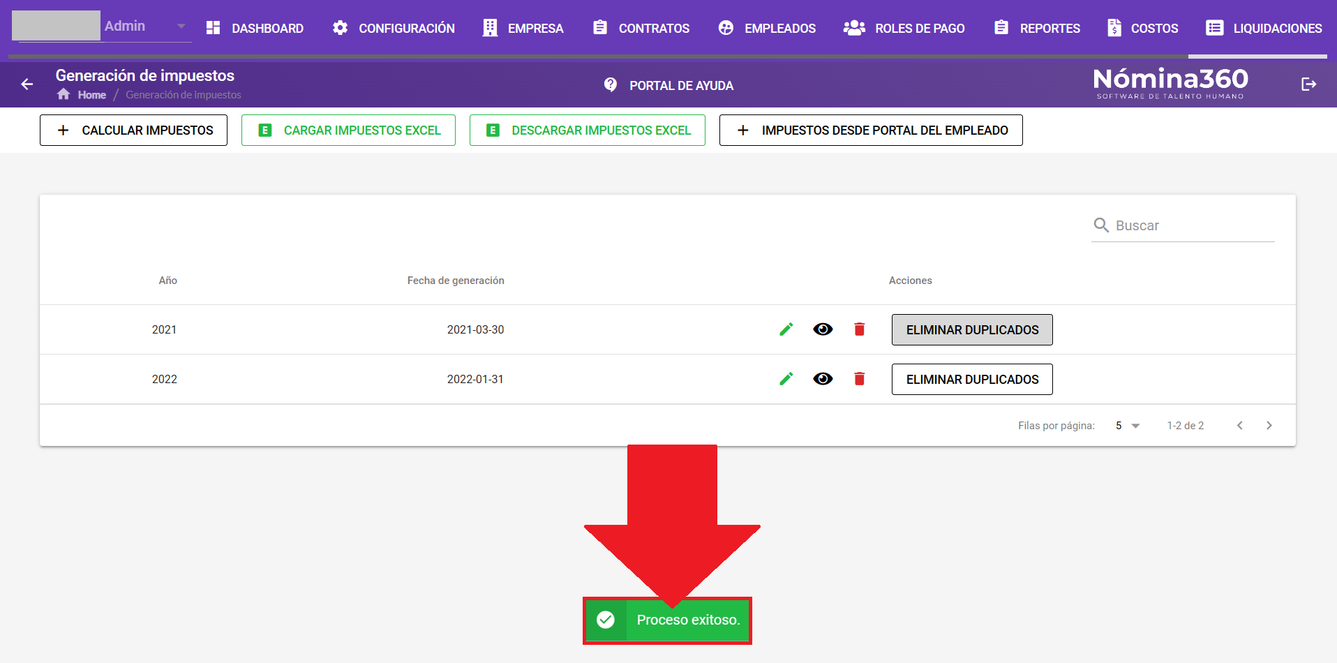Mensaje Proceso Exitoso al finalizar la depuración de duplicados