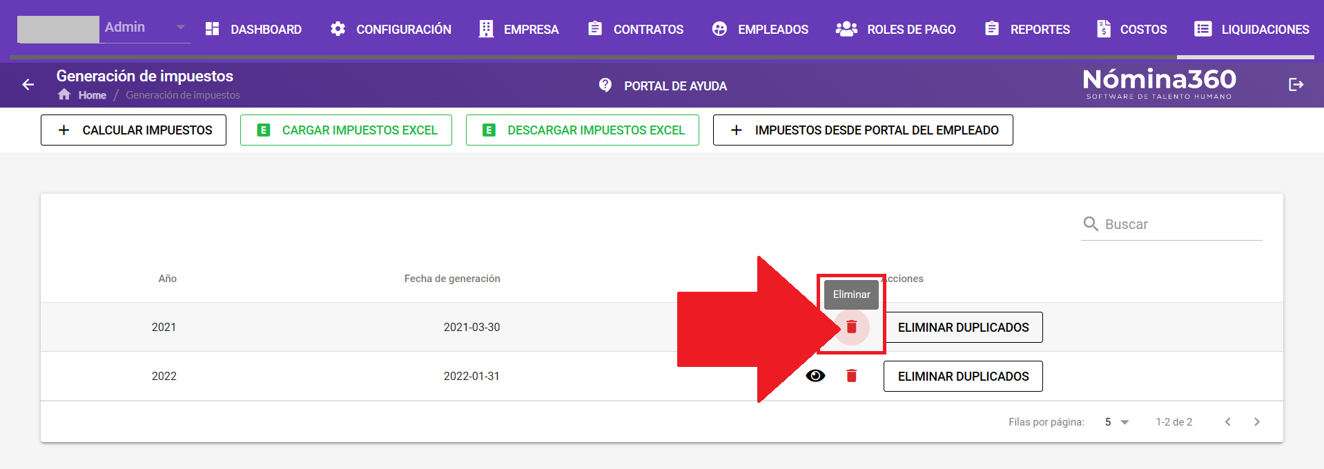 Botón Eliminar en la fila del registro de impuestos