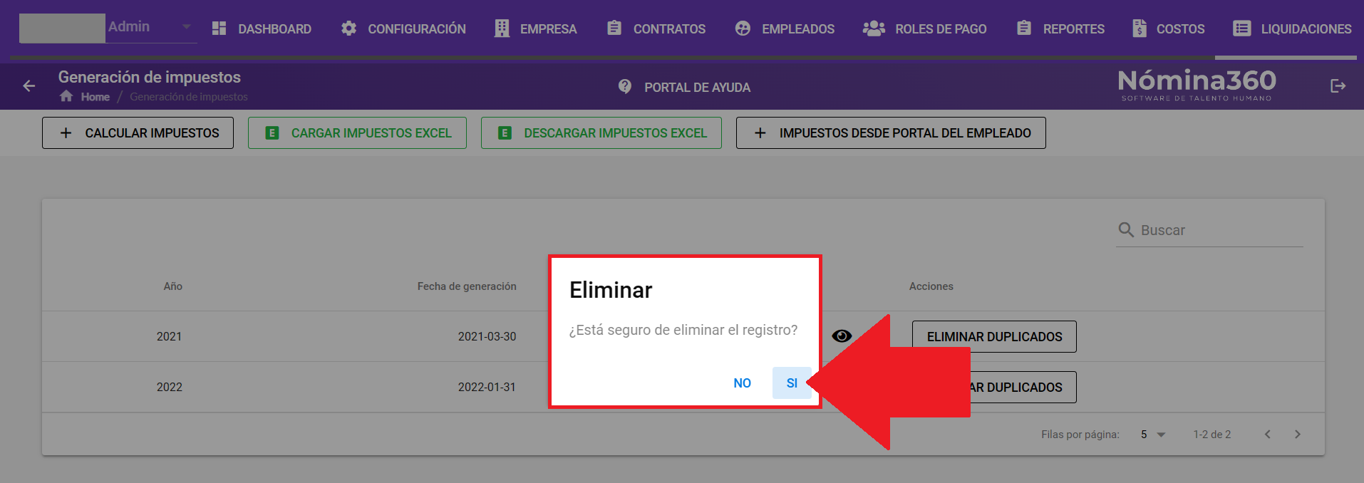 Cuadro de confirmación con la opción Sí para eliminar el registro