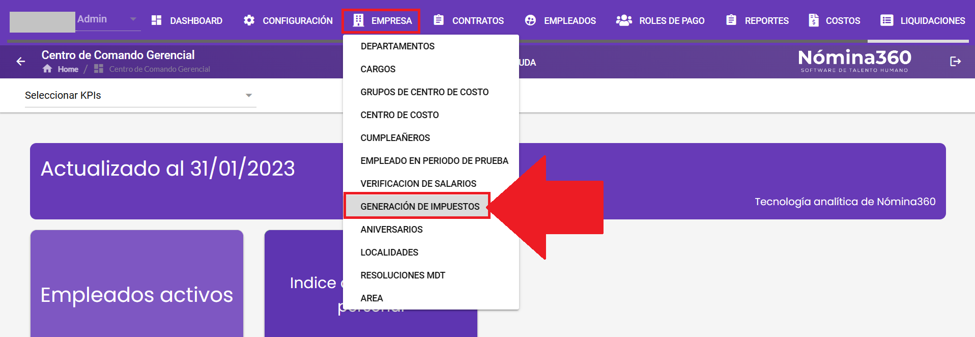 Menú Empresa con la opción Generación de Impuestos seleccionada
