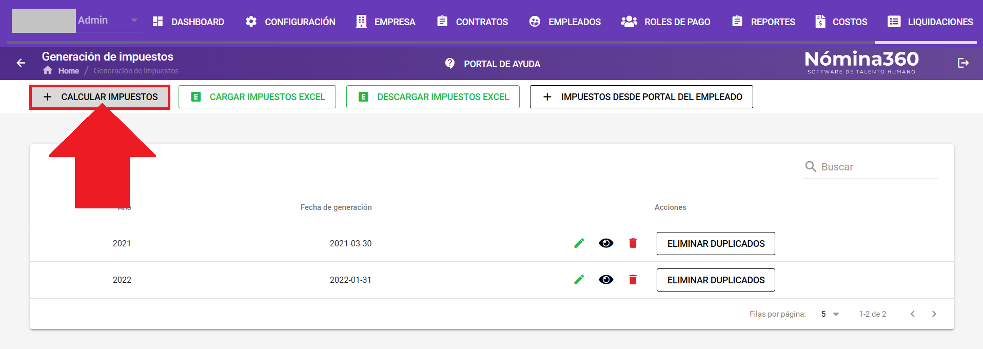 Botón + Calcular Impuestos en la pantalla de generación de impuestos