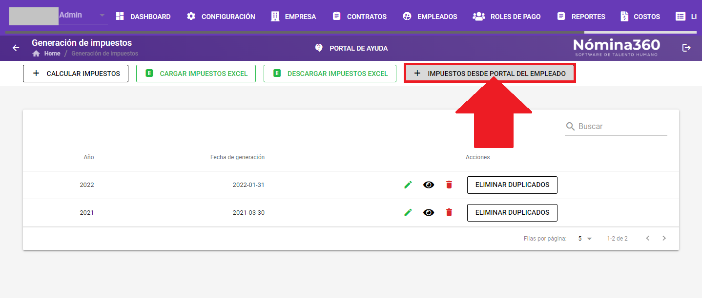 Botón + Impuestos desde Portal de Autoservicio en la pantalla de generación de impuestos