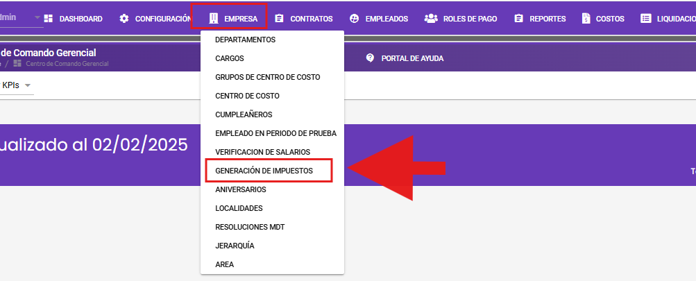 Menú Empresa con la opción Generación de Impuestos seleccionada