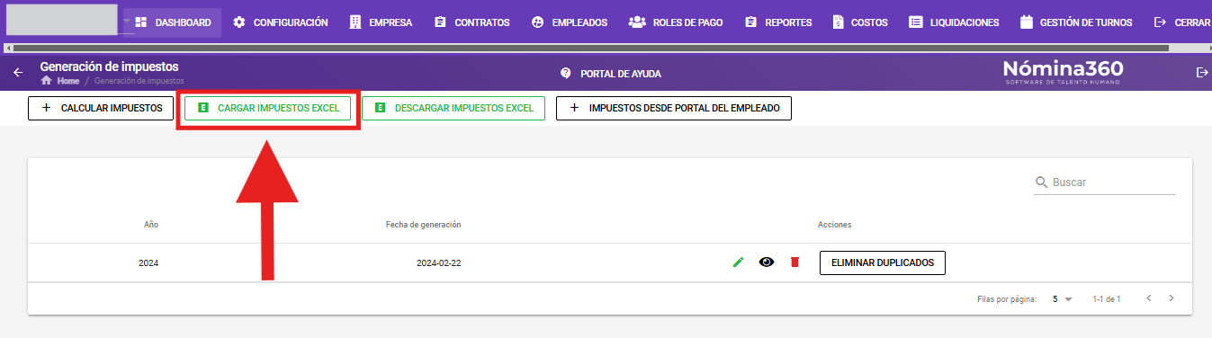 Botón Cargar Impuestos Excel en la pantalla de generación de impuestos