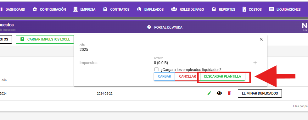 Botón Descargar Plantilla en la pantalla de carga masiva
