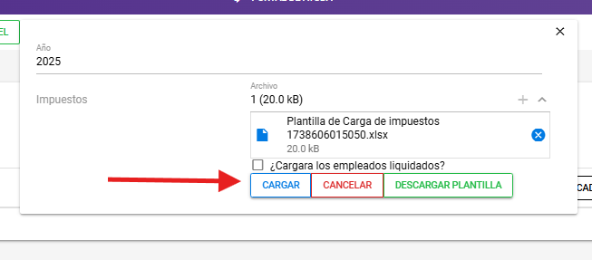 Botón Cargar al final del formulario de carga masiva