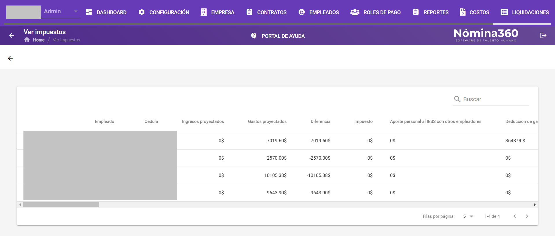 Detalle de impuestos calculados del registro seleccionado