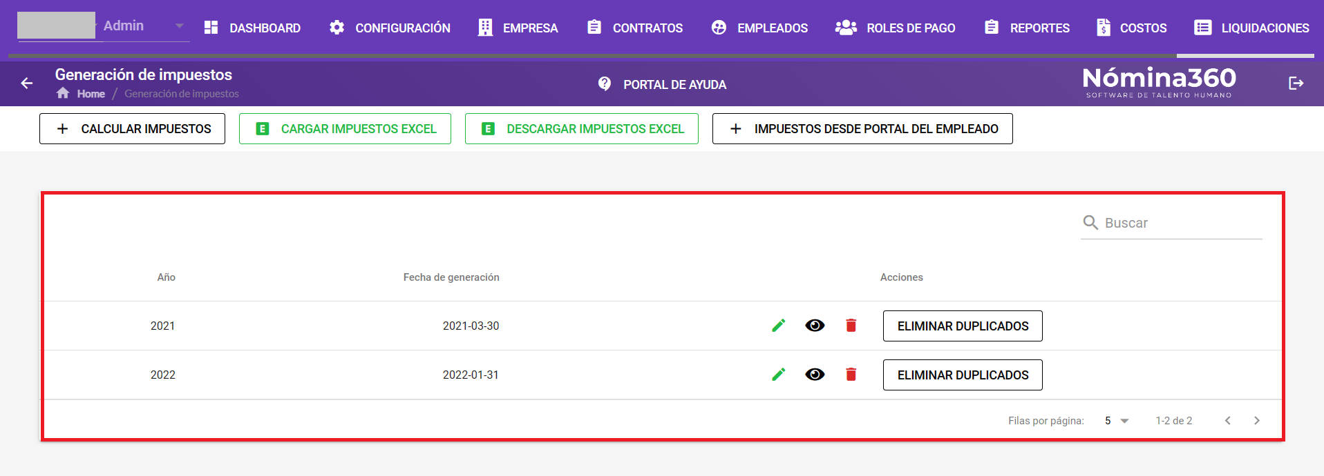 Pantalla de generación de impuestos con todas las acciones disponibles