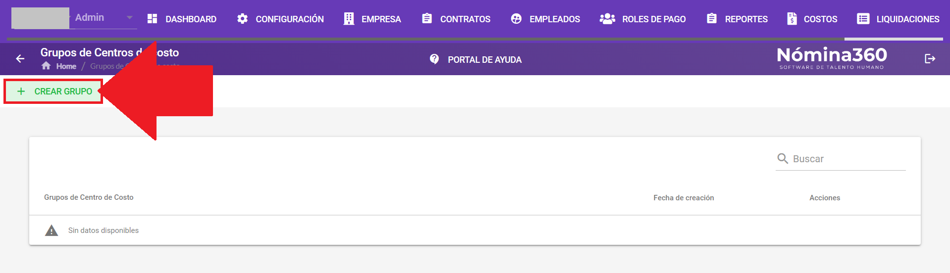 Botón Crear Grupo en la pantalla de grupos de centros de costo