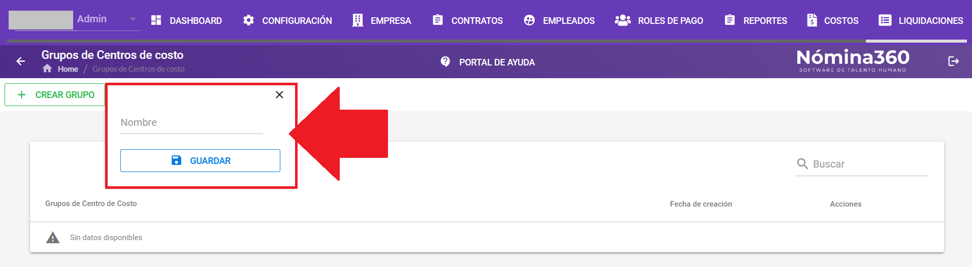 Formulario con el campo de nombre del grupo de centros de costo