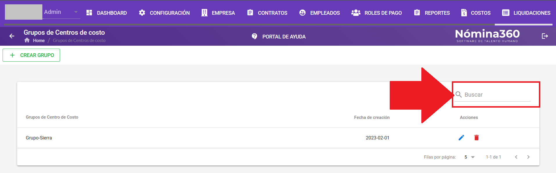 Listado de grupos de centros de costo con la fila del grupo a editar