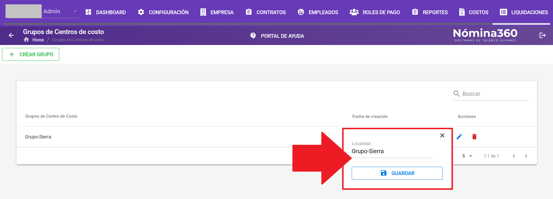 Formulario de edición con el nombre del grupo de centros de costo
