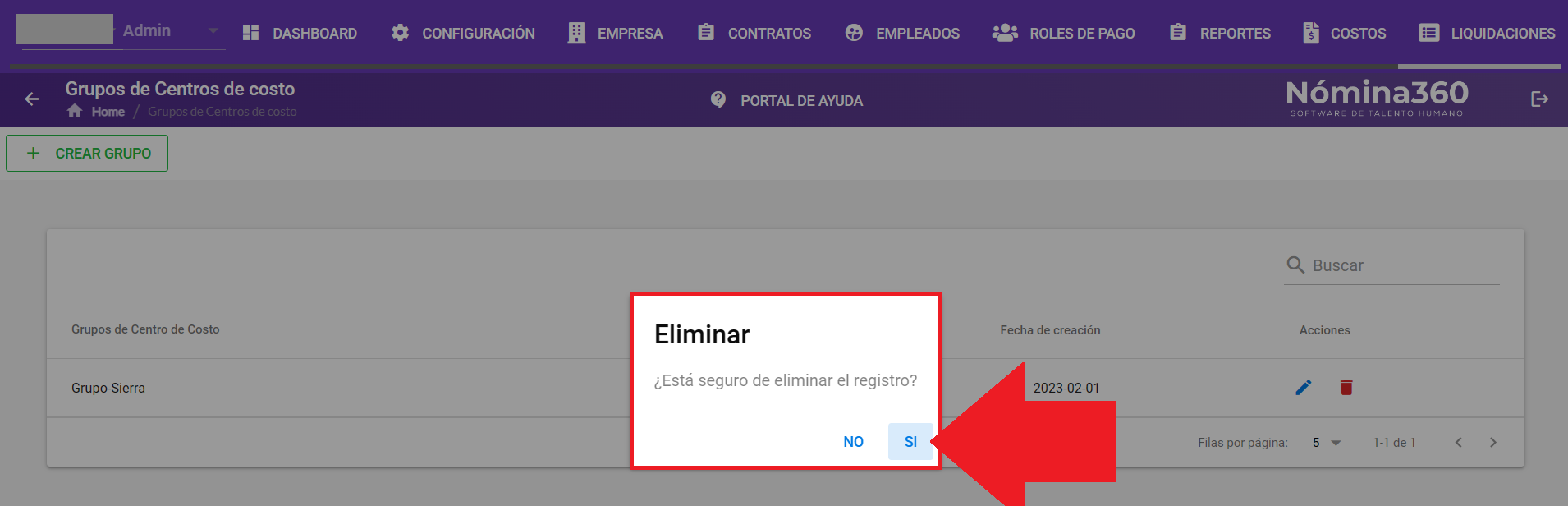Cuadro de confirmación con las opciones SI y NO para eliminar el grupo