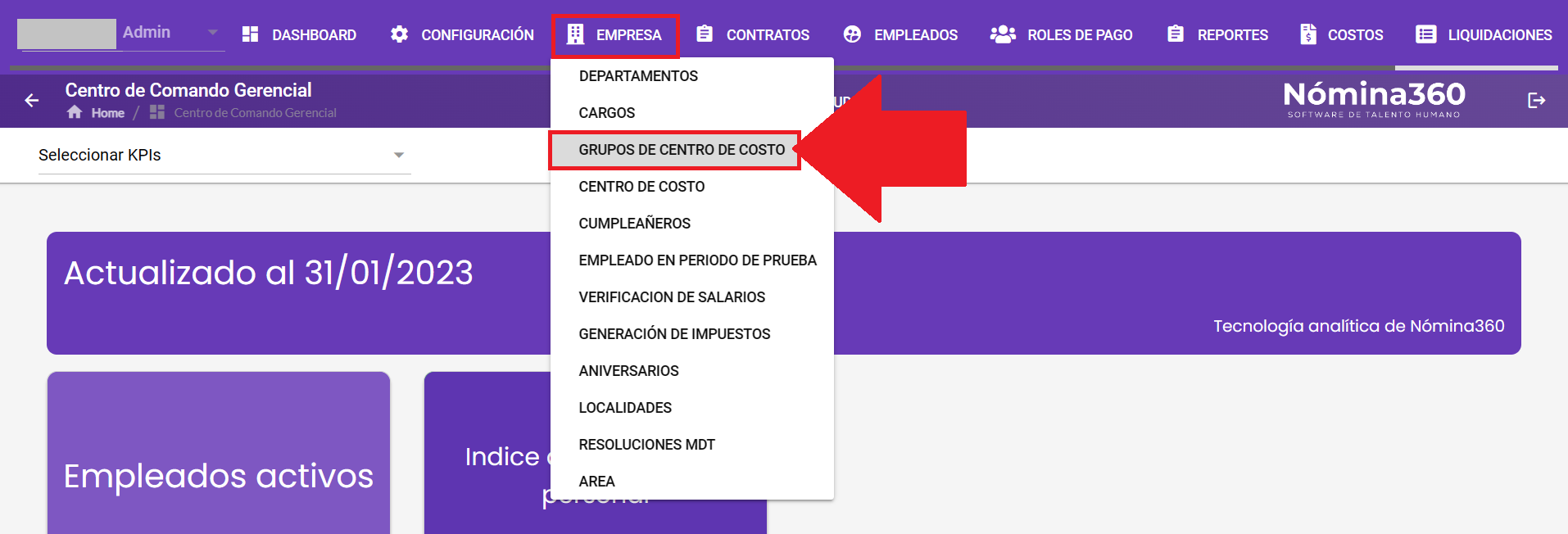 Menú Empresa con la opción Grupos de Centro de Costo seleccionada