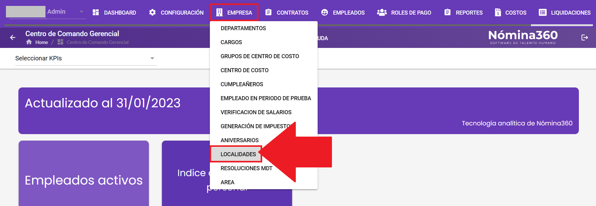 Menú Empresa con la opción Localidades seleccionada