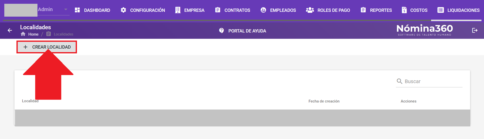 Botón Crear Localidad en la pantalla de localidades
