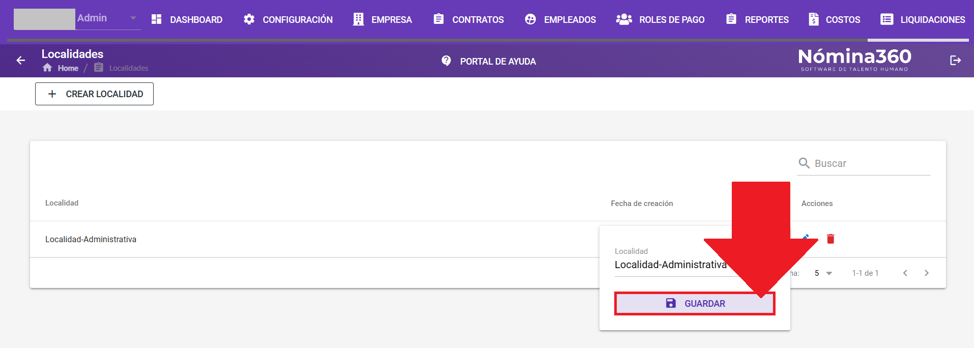 Formulario de edición de la localidad con el botón Guardar