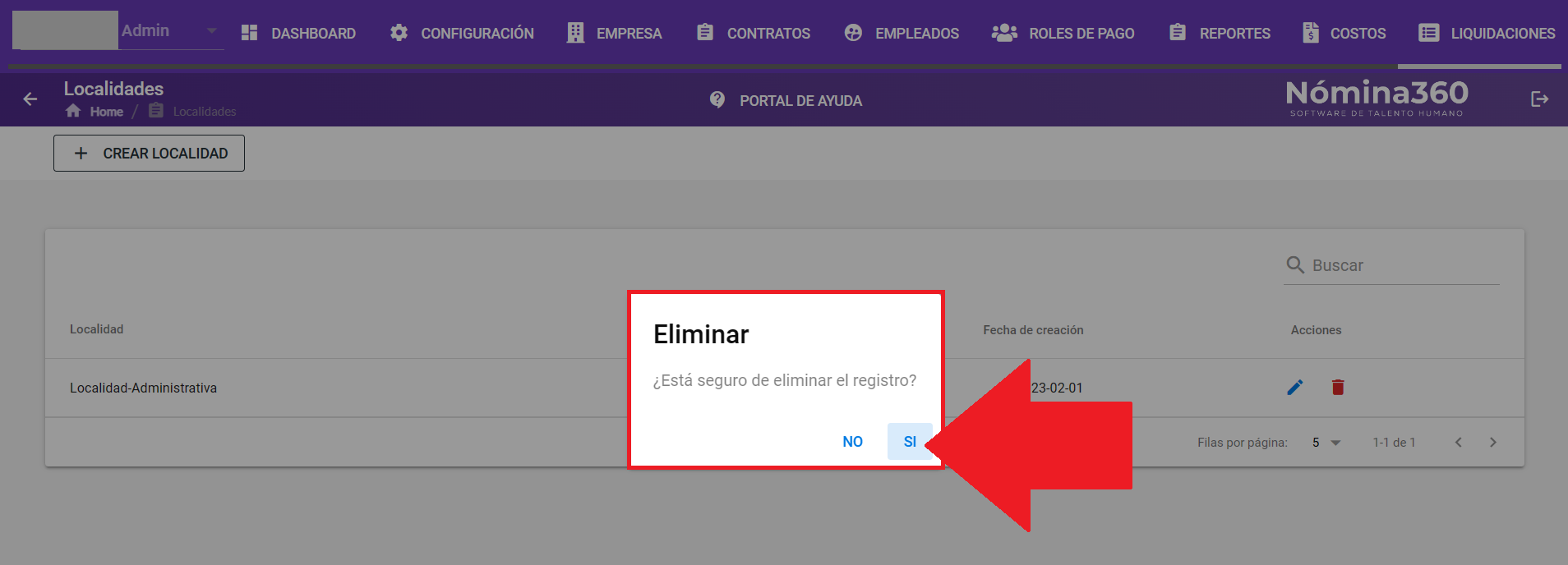 Cuadro de confirmación con la opción Sí para eliminar la localidad