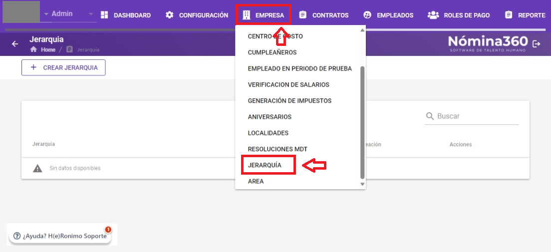 Menú Empresa con la opción Jerarquía seleccionada