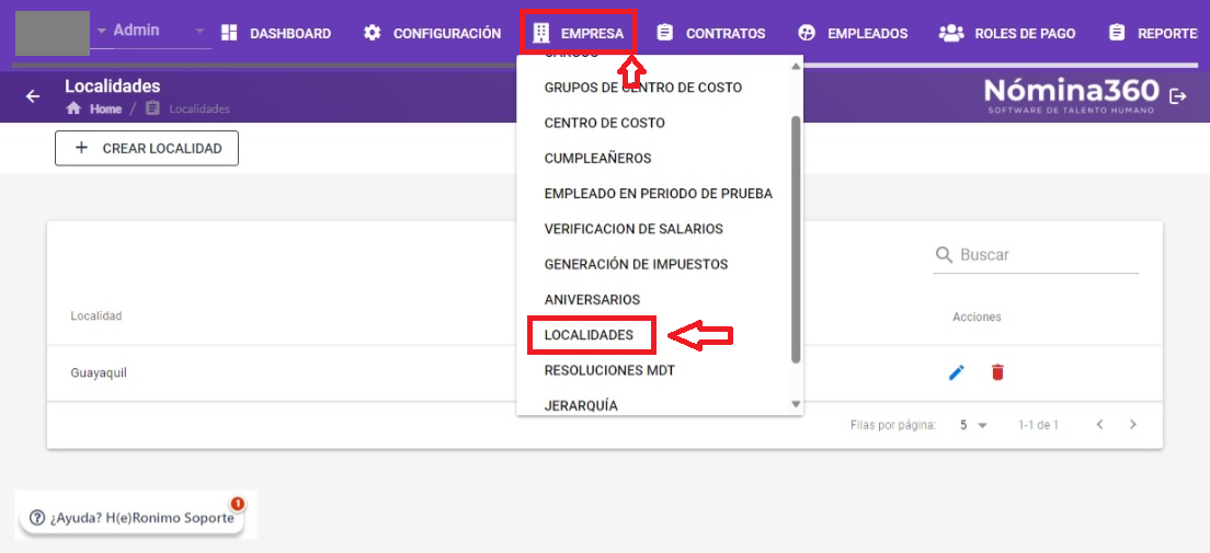 Menú Empresa con la opción Localidad seleccionada
