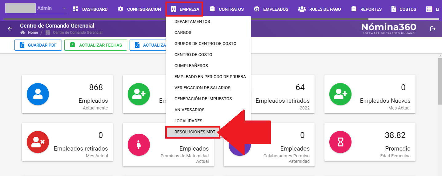 Menú Empresa con la opción Resoluciones MDT seleccionada