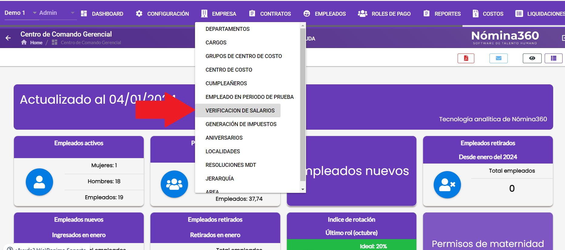 Pantalla principal del módulo Verificación de Salarios con las tres opciones disponibles
