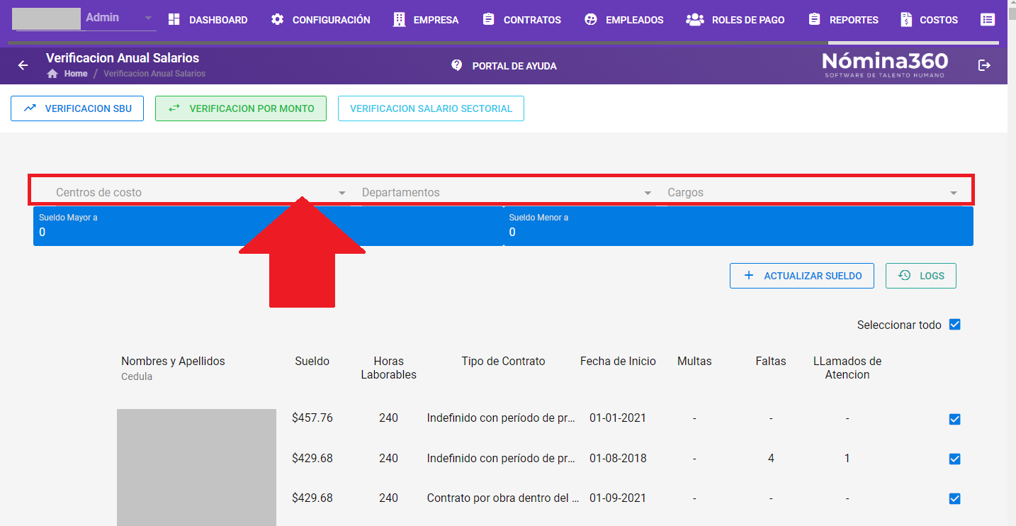 Filtros por Centro de Costo, Departamento y Cargo en la verificación por monto