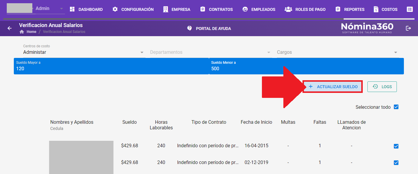 Botón + Actualizar sueldo en el listado de empleados filtrados