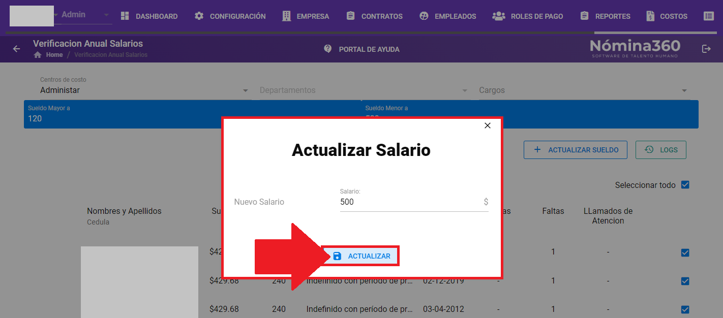 Cuadro para ingresar el nuevo sueldo y el botón Actualizar