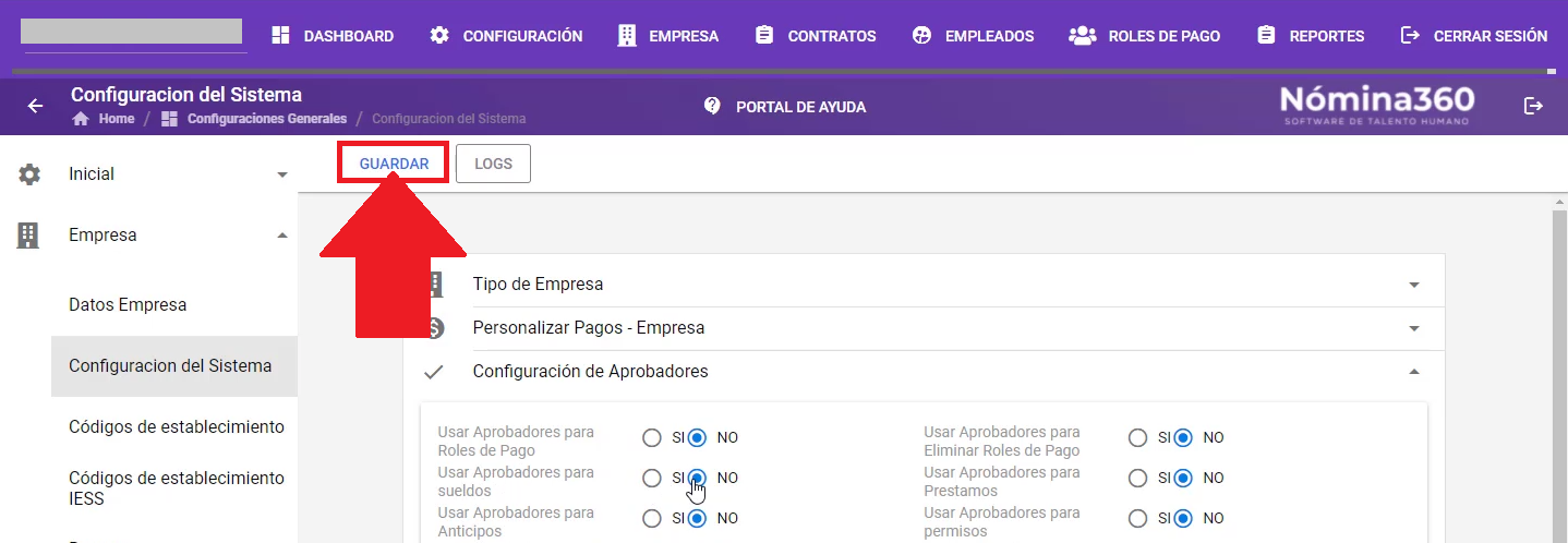 Botón Guardar en la pantalla de Configuración de Aprobadores