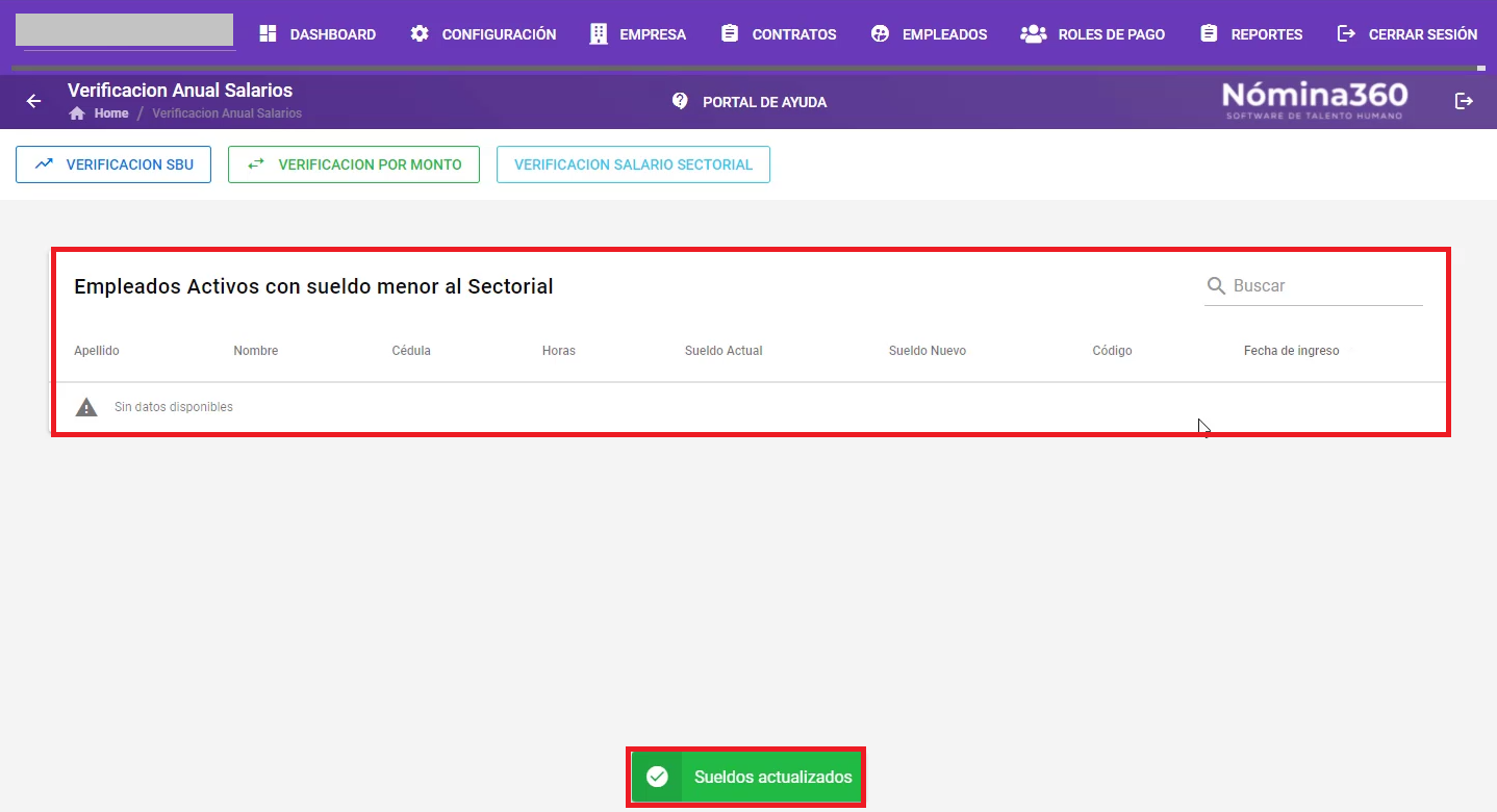 Mensaje de confirmación Sueldos actualizados tras la actualización masiva