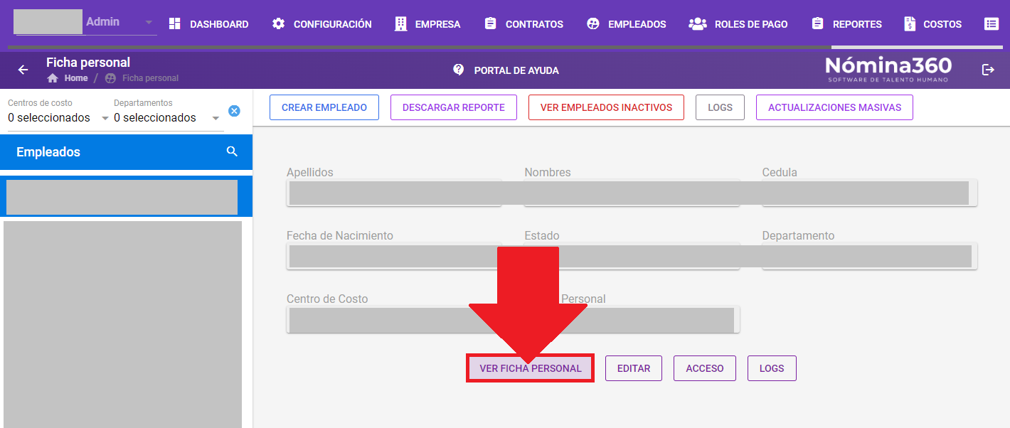 Acción Ver Ficha Personal sobre el empleado seleccionado