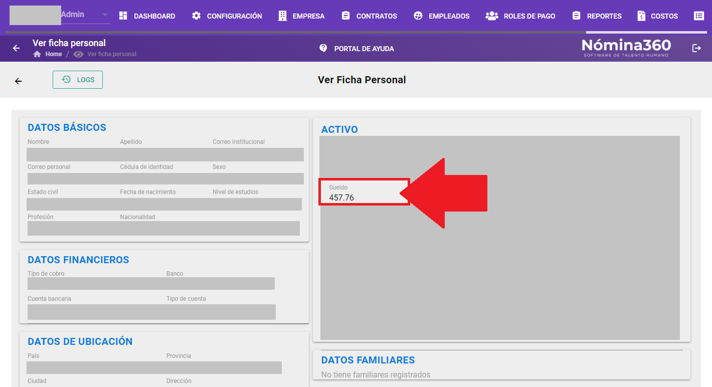 Campo Sueldo en la ficha personal con el valor actualizado