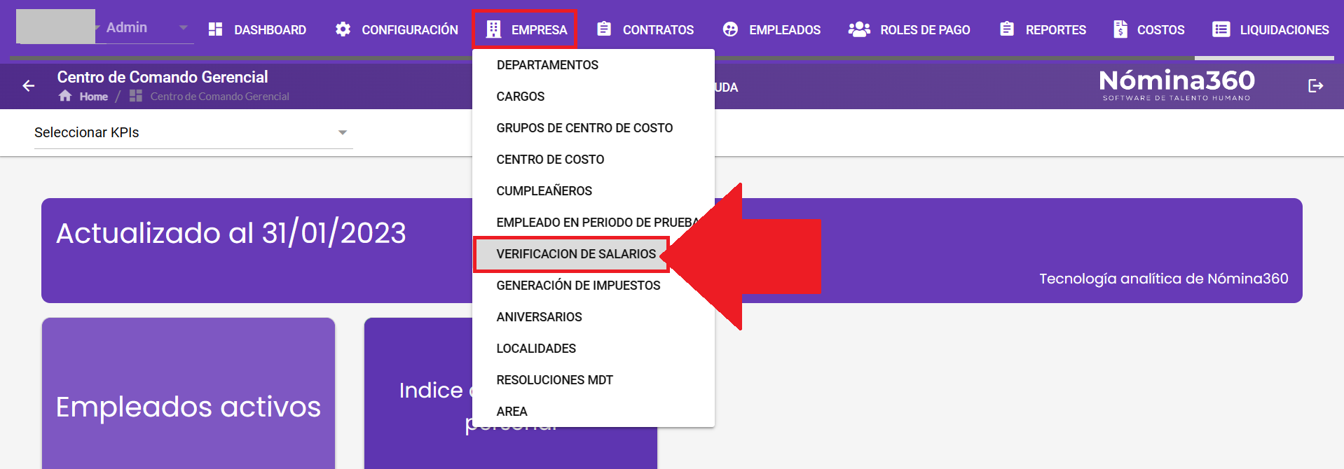 Menú Empresa con la opción Verificación de Salarios seleccionada