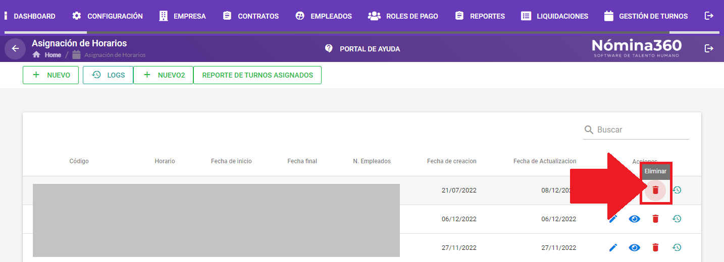 Listado de asignaciones con el botón Eliminar