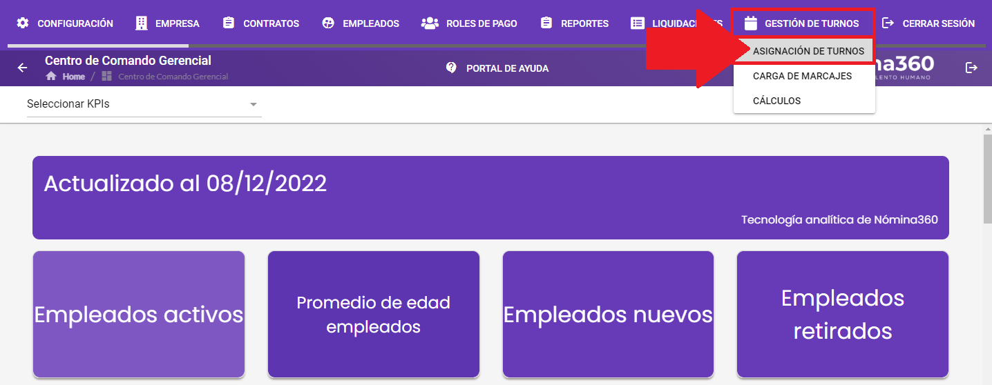 Menú Gestión de Turnos con la opción Asignación de turnos