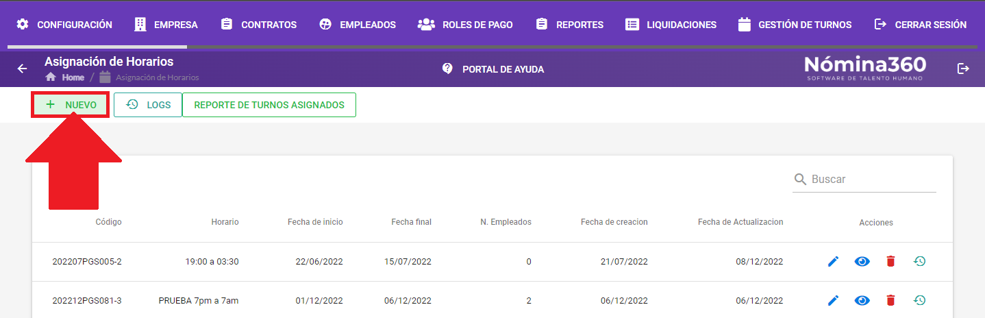 Botón + Nuevo en la pantalla de asignación de turnos