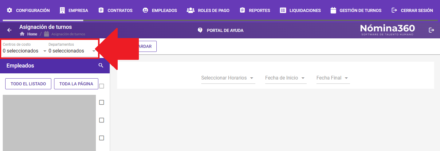 Filtros de empleados por centro de costo y departamento