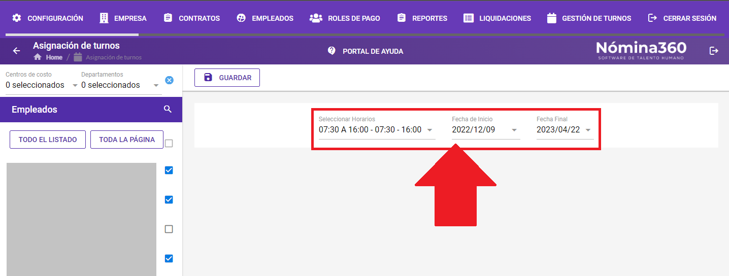 Formulario con turno, fecha de inicio y fecha final